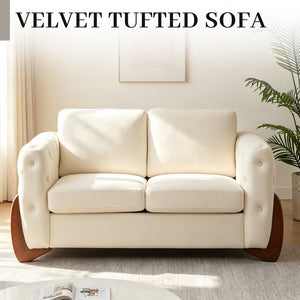 English Elm 84-Inch Velvet Tufted Sofa with Curved Rubberwood Legs and Classic Living Room Appeal 63.5 inches Beige W834S00697