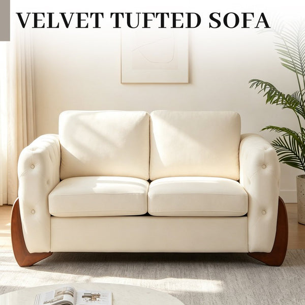 English Elm 84-Inch Velvet Tufted Sofa with Curved Rubberwood Legs and Classic Living Room Appeal 63.5 inches Beige W834S00697