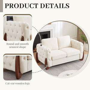English Elm 84-Inch Velvet Tufted Sofa with Curved Rubberwood Legs and Classic Living Room Appeal 63.5 inches Beige W834S00697