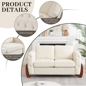 English Elm 84-Inch Velvet Tufted Sofa with Curved Rubberwood Legs and Classic Living Room Appeal 63.5 inches Beige W834S00697