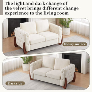 English Elm 84-Inch Velvet Tufted Sofa with Curved Rubberwood Legs and Classic Living Room Appeal 63.5 inches Beige W834S00697