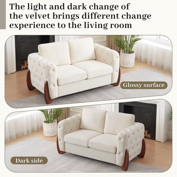 English Elm 84-Inch Velvet Tufted Sofa with Curved Rubberwood Legs and Classic Living Room Appeal 63.5 inches Beige W834S00697