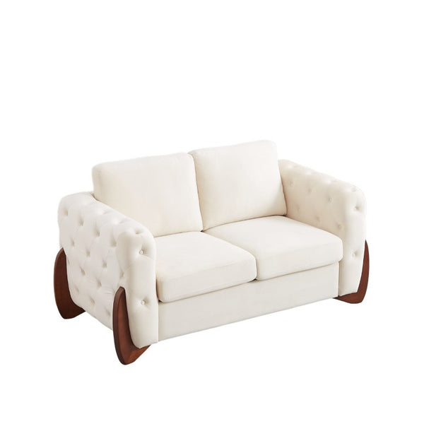English Elm 84-Inch Velvet Tufted Sofa with Curved Rubberwood Legs and Classic Living Room Appeal 63.5 inches Beige W834S00697