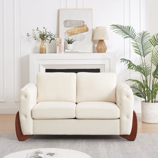 English Elm 84-Inch Velvet Tufted Sofa with Curved Rubberwood Legs and Classic Living Room Appeal 63.5 inches Beige W834S00697