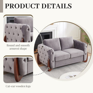 English Elm 84-Inch Velvet Tufted Sofa with Curved Rubberwood Legs and Classic Living Room Appeal 63.5 inches Grey W834S00698