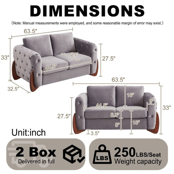 English Elm 84-Inch Velvet Tufted Sofa with Curved Rubberwood Legs and Classic Living Room Appeal 63.5 inches Grey W834S00698