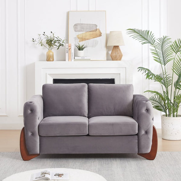 English Elm 84-Inch Velvet Tufted Sofa with Curved Rubberwood Legs and Classic Living Room Appeal 63.5 inches Grey W834S00698