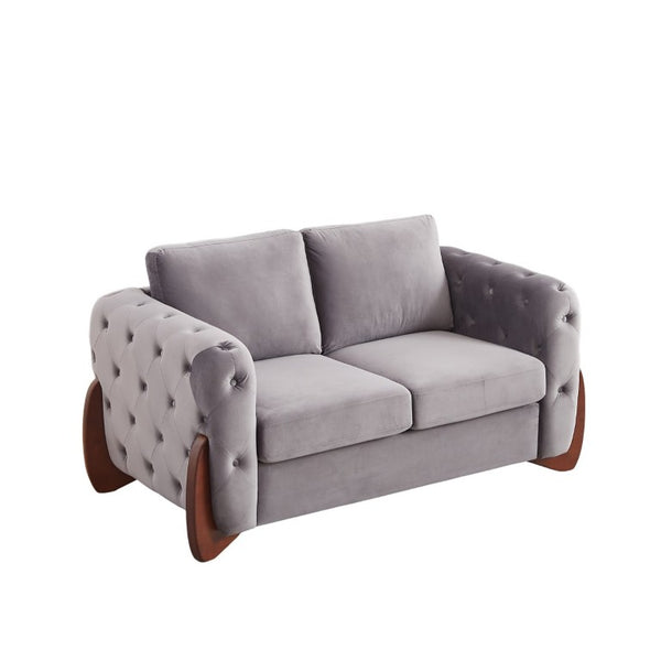 English Elm 84-Inch Velvet Tufted Sofa with Curved Rubberwood Legs and Classic Living Room Appeal 63.5 inches Grey W834S00698