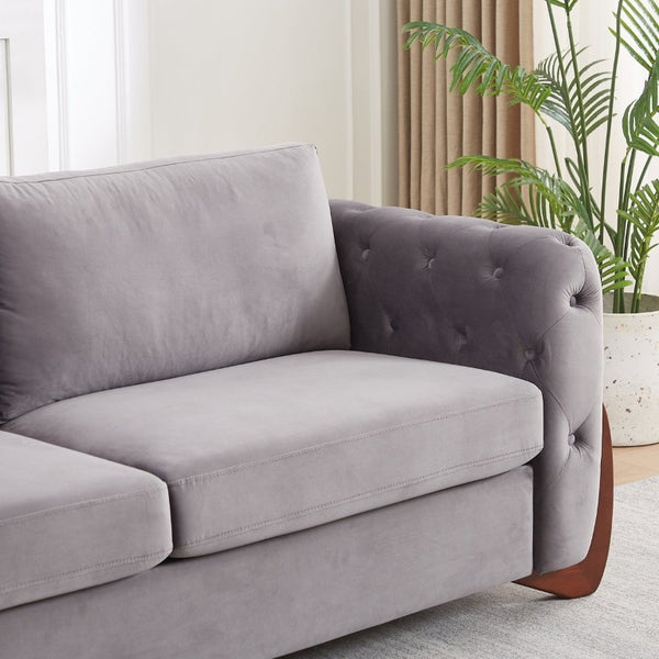 English Elm 84-Inch Velvet Tufted Sofa with Curved Rubberwood Legs and Classic Living Room Appeal 63.5 inches Grey W834S00698