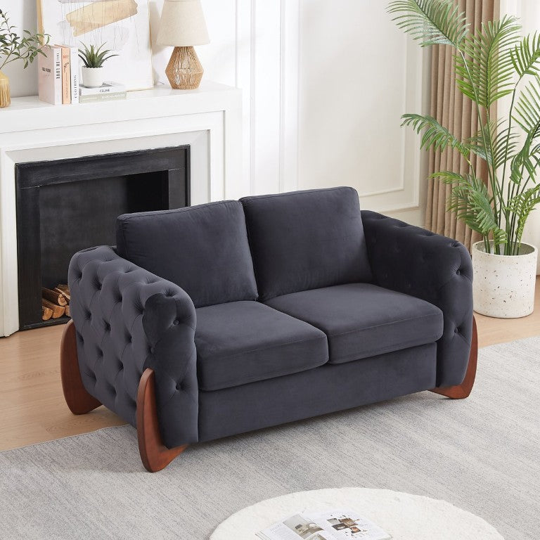 English Elm 63.5-Inch Button Tufted Velvet Loveseat with Curved Rubberwood Legs for Living Rooms W834S00699