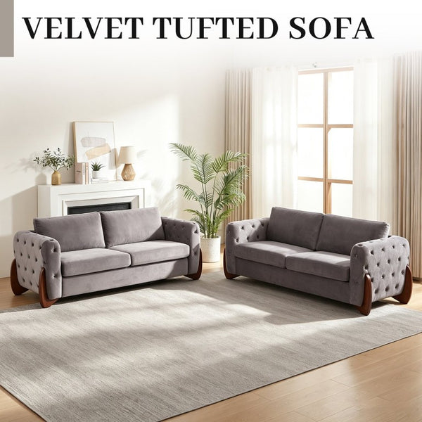 English Elm 84-Inch Velvet Tufted Sofa with Rubberwood Legs Plush Seating for the Living Room W834S00701