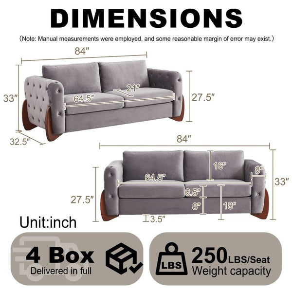 English Elm 84-Inch Velvet Tufted Sofa with Rubberwood Legs Plush Seating for the Living Room W834S00701