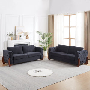 English Elm 84-Inch Velvet Tufted Sofa with Sculpted Rubberwood Legs for Elegant Living Rooms Black W834S00702