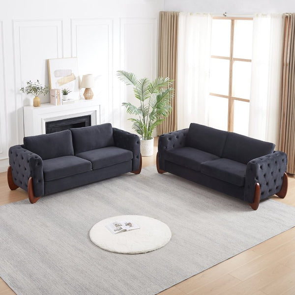 English Elm 84-Inch Velvet Tufted Sofa with Sculpted Rubberwood Legs for Elegant Living Rooms Black W834S00702