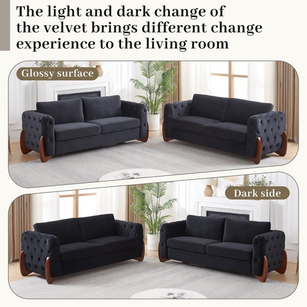 English Elm 84-Inch Velvet Tufted Sofa with Sculpted Rubberwood Legs for Elegant Living Rooms Black W834S00702