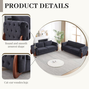 English Elm 84-Inch Velvet Tufted Sofa with Sculpted Rubberwood Legs for Elegant Living Rooms Black W834S00702