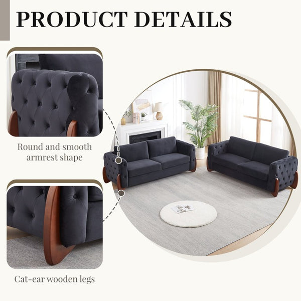 English Elm 84-Inch Velvet Tufted Sofa with Sculpted Rubberwood Legs for Elegant Living Rooms Black W834S00702