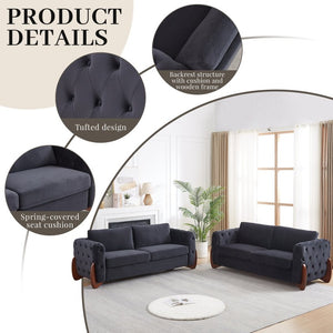 English Elm 84-Inch Velvet Tufted Sofa with Sculpted Rubberwood Legs for Elegant Living Rooms Black W834S00702