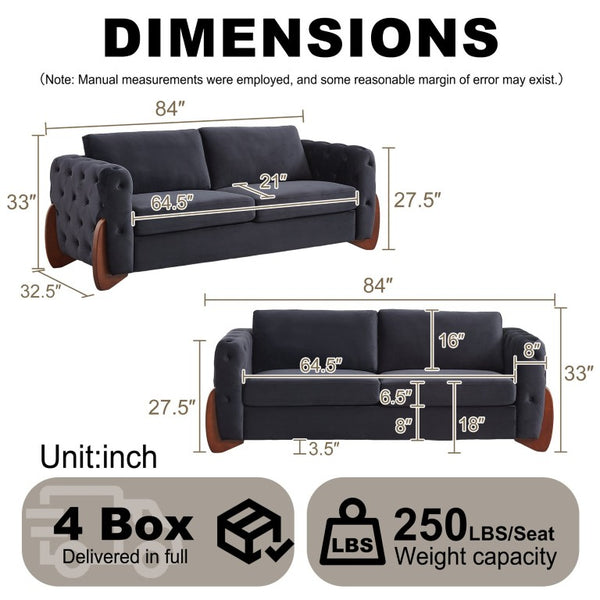 English Elm 84-Inch Velvet Tufted Sofa with Sculpted Rubberwood Legs for Elegant Living Rooms Black W834S00702