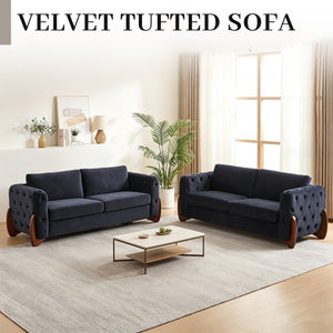 English Elm 84-Inch Velvet Tufted Sofa with Sculpted Rubberwood Legs for Elegant Living Rooms Black W834S00702