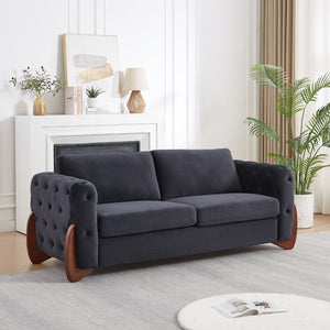 English Elm 84-Inch Velvet Tufted Sofa with Sculpted Rubberwood Legs for Elegant Living Rooms Black W834S00702