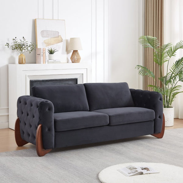 English Elm 84-Inch Velvet Tufted Sofa with Sculpted Rubberwood Legs for Elegant Living Rooms Black W834S00702