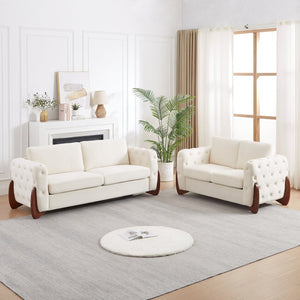 English Elm 84-Inch Velvet Tufted Sofa with Sculpted Rubberwood Legs for Elegant Living Rooms Beige W834S00703