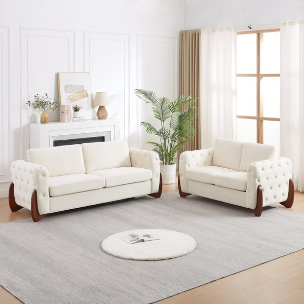 English Elm 84-Inch Velvet Tufted Sofa with Sculpted Rubberwood Legs for Elegant Living Rooms Beige W834S00703
