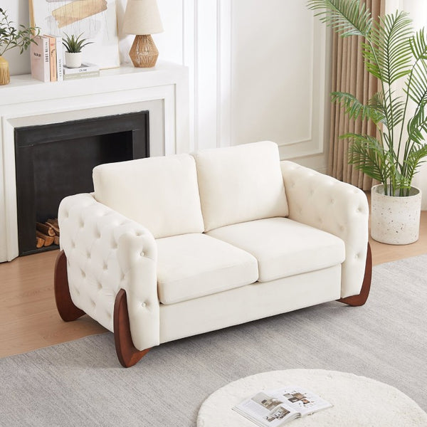 English Elm 84-Inch Velvet Tufted Sofa with Sculpted Rubberwood Legs for Elegant Living Rooms Beige W834S00703
