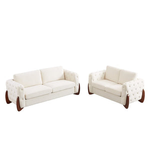 English Elm 84-Inch Velvet Tufted Sofa with Sculpted Rubberwood Legs for Elegant Living Rooms Beige W834S00703