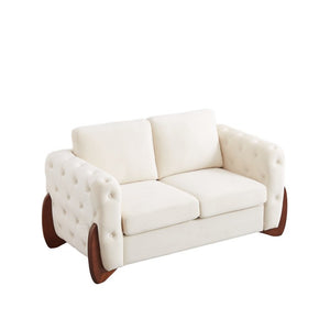English Elm 84-Inch Velvet Tufted Sofa with Sculpted Rubberwood Legs for Elegant Living Rooms Beige W834S00703