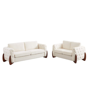 English Elm 84-Inch Velvet Tufted Sofa with Sculpted Rubberwood Legs for Elegant Living Rooms Beige W834S00703