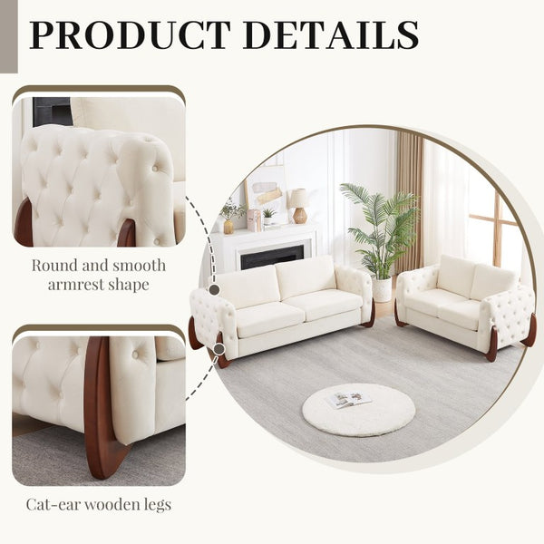 English Elm 84-Inch Velvet Tufted Sofa with Sculpted Rubberwood Legs for Elegant Living Rooms Beige W834S00703
