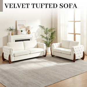 English Elm 84-Inch Velvet Tufted Sofa with Sculpted Rubberwood Legs for Elegant Living Rooms Beige W834S00703