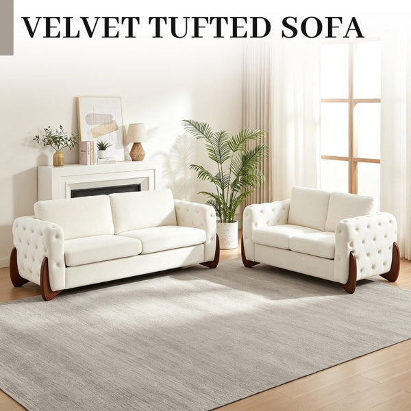 English Elm 84-Inch Velvet Tufted Sofa with Sculpted Rubberwood Legs for Elegant Living Rooms Beige W834S00703