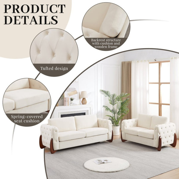 English Elm 84-Inch Velvet Tufted Sofa with Sculpted Rubberwood Legs for Elegant Living Rooms Beige W834S00703