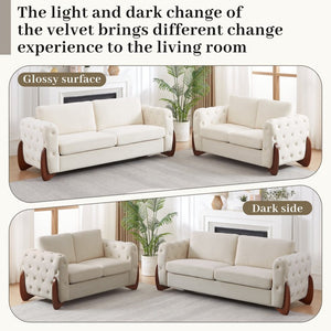 English Elm 84-Inch Velvet Tufted Sofa with Sculpted Rubberwood Legs for Elegant Living Rooms Beige W834S00703