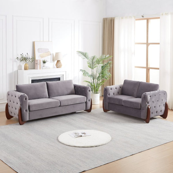 English Elm 84-Inch Velvet Tufted Sofa with Sculpted Rubberwood Legs for Elegant Living Rooms Grey W834S00704