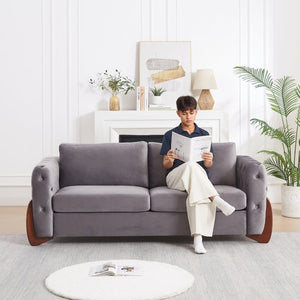 English Elm 84-Inch Velvet Tufted Sofa with Sculpted Rubberwood Legs for Elegant Living Rooms Grey W834S00704