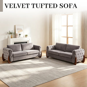 English Elm 84-Inch Velvet Tufted Sofa with Sculpted Rubberwood Legs for Elegant Living Rooms Grey W834S00704