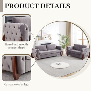 English Elm 84-Inch Velvet Tufted Sofa with Sculpted Rubberwood Legs for Elegant Living Rooms Grey W834S00704