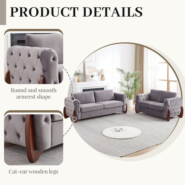 English Elm 84-Inch Velvet Tufted Sofa with Sculpted Rubberwood Legs for Elegant Living Rooms Grey W834S00704