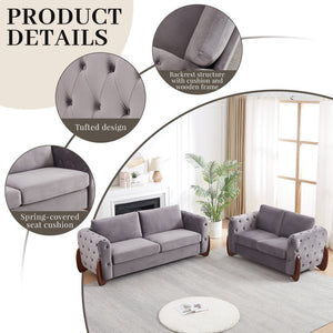 English Elm 84-Inch Velvet Tufted Sofa with Sculpted Rubberwood Legs for Elegant Living Rooms Grey W834S00704