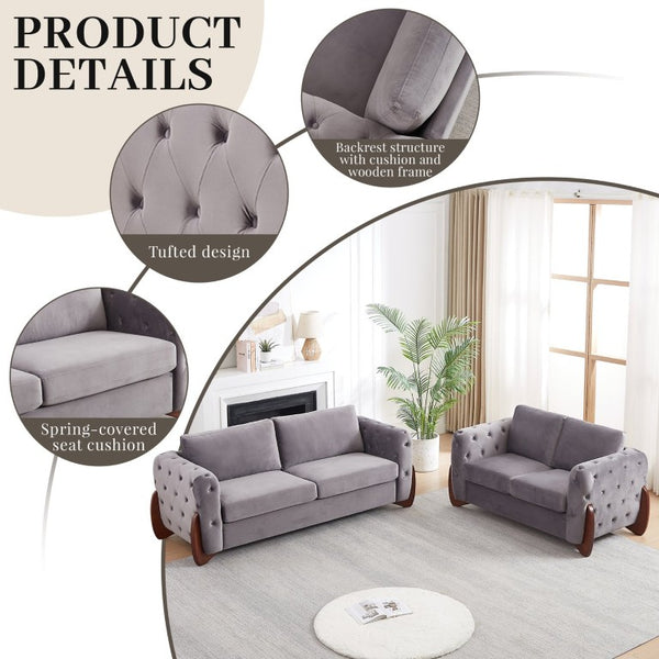 English Elm 84-Inch Velvet Tufted Sofa with Sculpted Rubberwood Legs for Elegant Living Rooms Grey W834S00704