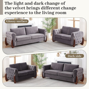 English Elm 84-Inch Velvet Tufted Sofa with Sculpted Rubberwood Legs for Elegant Living Rooms Grey W834S00704
