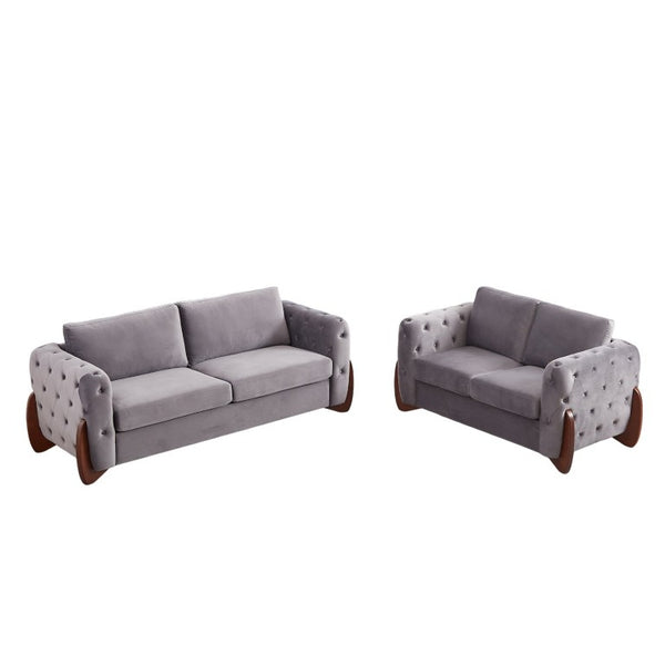 English Elm 84-Inch Velvet Tufted Sofa with Sculpted Rubberwood Legs for Elegant Living Rooms Grey W834S00704