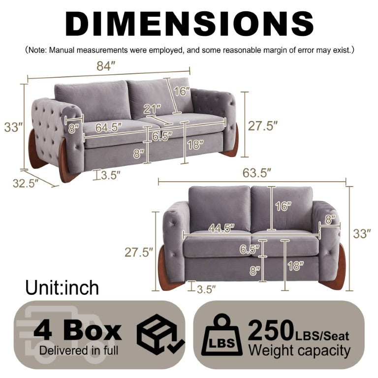 English Elm 84-Inch Velvet Tufted Sofa with Sculpted Rubberwood Legs for Elegant Living Rooms Grey W834S00704