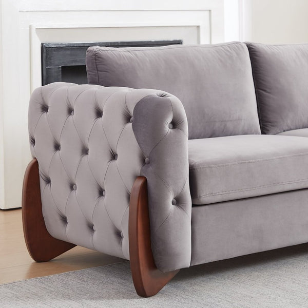 English Elm 84-Inch Velvet Tufted Sofa with Sculpted Rubberwood Legs for Elegant Living Rooms Grey W834S00704
