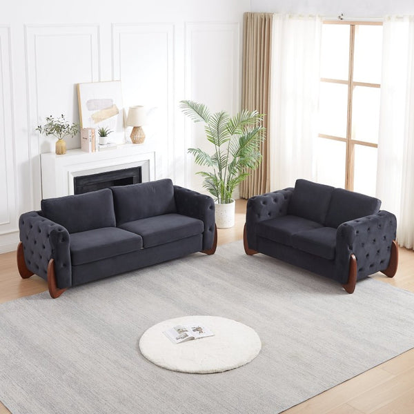 English Elm Classic Velvet Button Tufted Loveseat Set with Rubberwood Legs for Living Rooms Classic Velvet Button-Tufted Black W834S00705