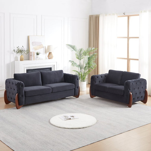 English Elm Classic Velvet Button Tufted Loveseat Set with Rubberwood Legs for Living Rooms Classic Velvet Button-Tufted Black W834S00705